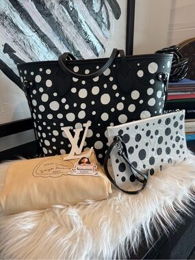 Kusuma x LV Black and White Polka Dot Tote Leather Neverfull with Pouch